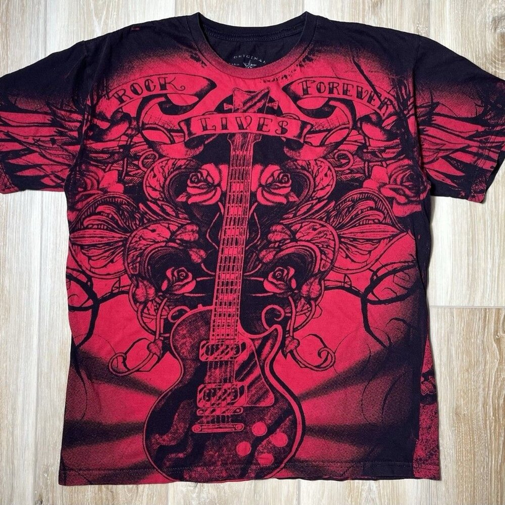 Vintage Grey Star Black Red Guitar Print Shirt - Men Size Small